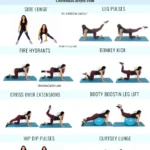 Upper glute shelf workout for women by Dr. Christina Carlyle featuring eight upper glute exercises including side lunges, leg pulses, fire hydrants, donkey kicks, cross over extensions, booty boosting leg lifts, hip dip pulses, and curtsy lunges.