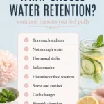 Pinterest pin titled “What Causes Water Retention?” with a checklist of common reasons you feel puffy, including too much sodium, not enough water, hormonal shifts, inflammation, histamine or food reactions, stress and cortisol, carb changes, and sluggish digestion, with cucumber lemon water and the Dr. Christina Carlyle logo.