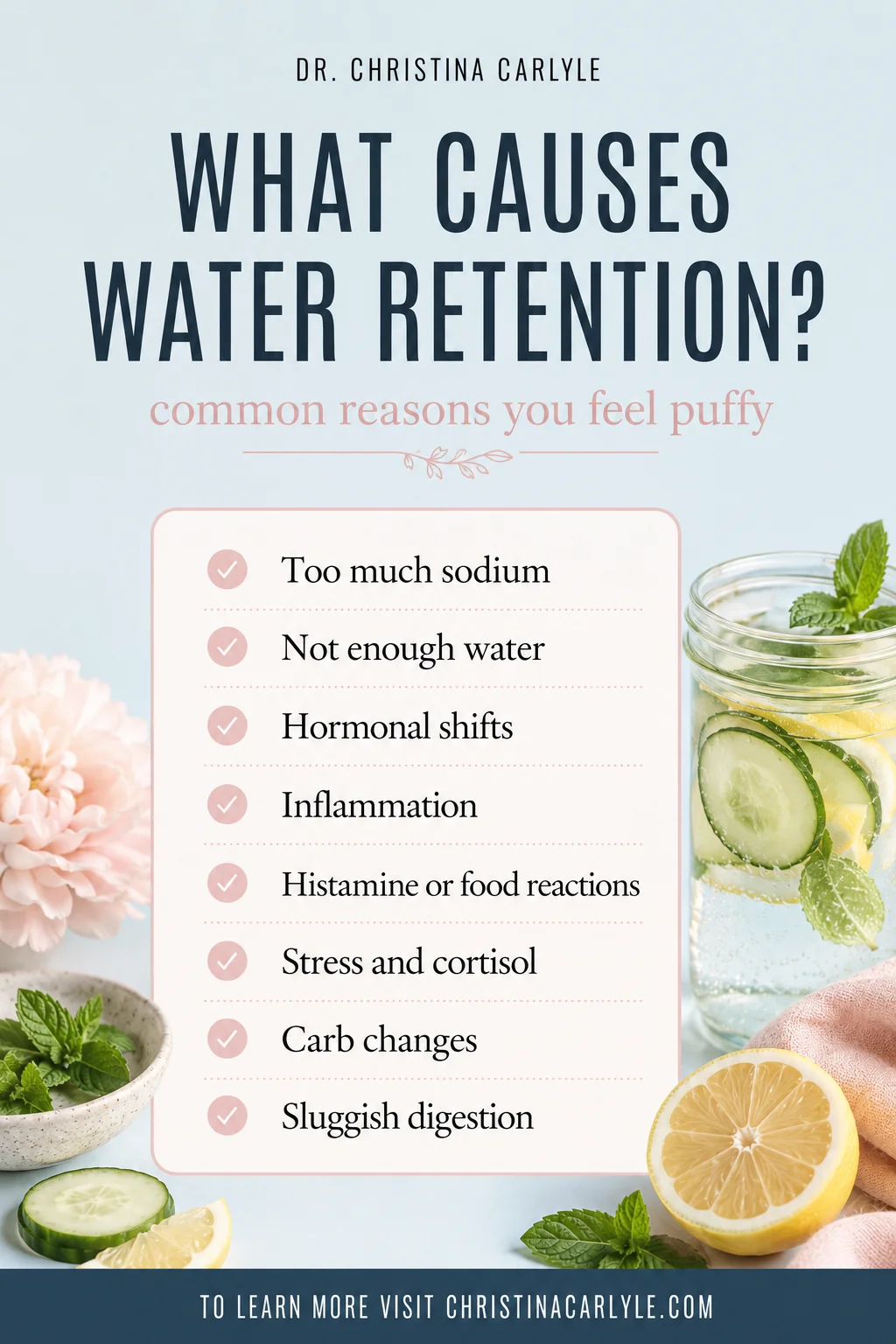 What Causes Water Retention? Pinterest pin titled “What Causes Water Retention?” with a checklist of common reasons you feel puffy, including too much sodium, not enough water, hormonal shifts, inflammation, histamine or food reactions, stress and cortisol, carb changes, and sluggish digestion, with cucumber lemon water and the Dr. Christina Carlyle logo.
