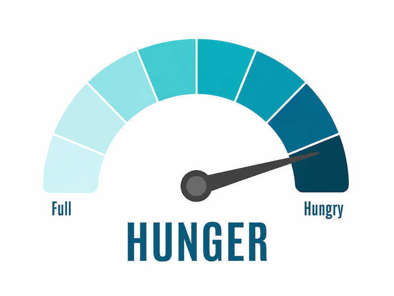 Why am I always hungry Teal and blue hunger gauge graphic showing a scale from full to hungry with the needle pointing toward hungry, representing feeling hungry all the time.