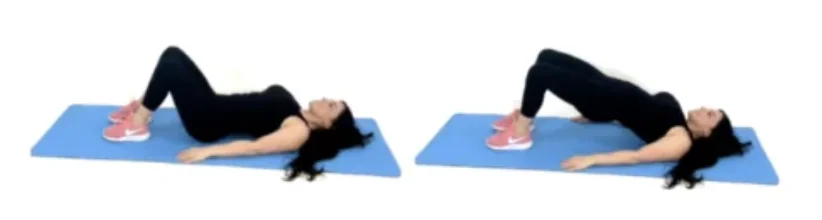 Dr. Christina Carlyle demonstrating a glute bridge on a blue exercise mat for a lower body calisthenics workout.