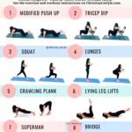 Pinterest workout graphic titled “Full Body Calisthenics Workout for Women” by Dr. Christina Carlyle showing eight no-equipment exercises: modified push up, tricep dip, squat, lunges, crawling plank, lying leg lifts, superman, and bridge, with exercise images and instructions to see the full workout at ChristinaCarlyle.com.