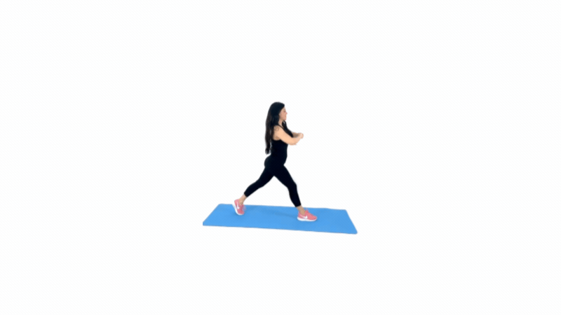 Dr. Christina Carlyle performing a bodyweight lunge on a blue exercise mat for a full body calisthenics workout.