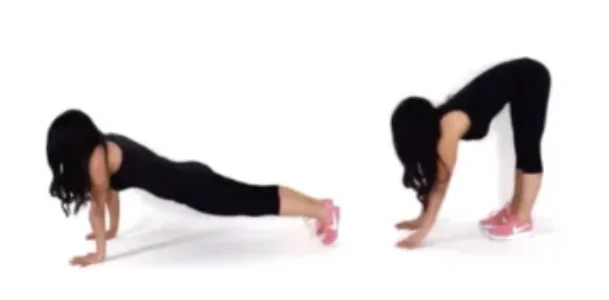 Dr. Christina Carlyle demonstrating a crawling plank exercise for a full body calisthenics workout.
