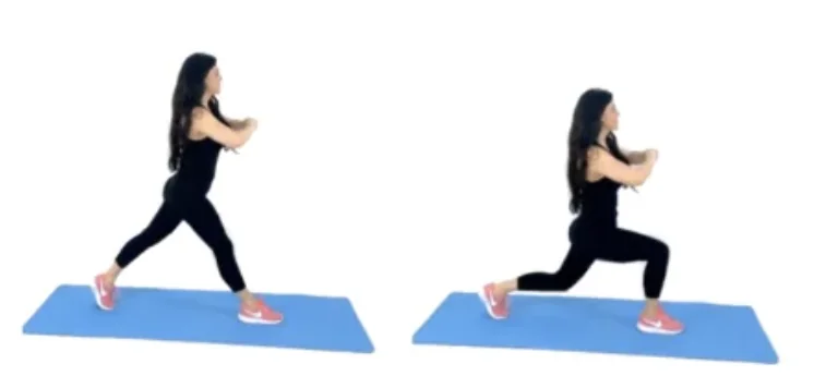 Dr. Christina Carlyle demonstrating a bodyweight lunge on a blue exercise mat for a lower body calisthenics workout.
