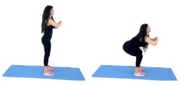 Dr. Christina Carlyle demonstrating a bodyweight squat on a blue exercise mat for a full body calisthenics workout.