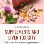 Pinterest pin for Dr. Christina Carlyle’s article on supplements and liver toxicity, featuring a realistic liver model with supplement capsules and softgels on a blush pink wellness-style background.