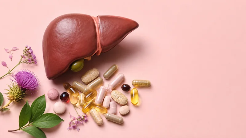 Realistic liver model with supplement capsules, softgels, tablets, and botanicals arranged on a soft blush pink background for an article about supplements and liver toxicity.