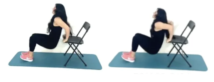 Dr. Christina Carlyle demonstrating tricep dips using a chair for an upper body calisthenics workout.