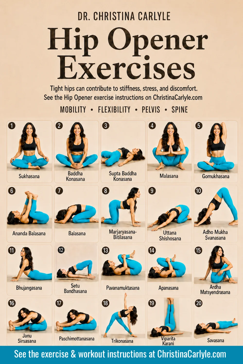 Hip Opener Exercises 20 of the best hip opener exercises demonstrated by Dr. Christina Carlyle, including butterfly pose, child’s pose, cat cow, bridge pose, triangle pose, and other stretches for hip mobility and flexibility.