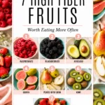 Editorial flatlay of high fiber fruits including raspberries, blackberries, avocado, guava, pears with skin, kiwi, and strawberries arranged in pastel bowls and plates on a light marble surface.
