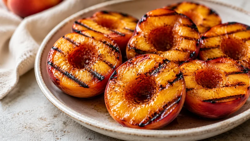 Close-up of grilled peaches with char marks on a ceramic plate, styled as an easy summer dessert recipe from Dr. Christina Carlyle.