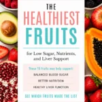 Pinterest pin for Dr. Christina Carlyle featuring a colorful full-bleed fruit flat lay background, centered text panel, and no icons or checkmarks, promoting the healthiest fruits for low sugar, nutrients, and liver support.