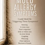 Warm brown and cream Pinterest pin titled “Mold Allergy Symptoms,” featuring a mold-covered window frame and a centered list of symptoms including sneezing, runny nose, nasal congestion, itchy or watery eyes, coughing, wheezing, chest tightness, shortness of breath, skin irritation, rashes, and worsening asthma symptoms.