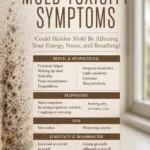Warm brown and cream Pinterest infographic titled “Mold Toxicity Symptoms,” featuring a mold-covered wall and window with symptom categories for mental and neurological issues, respiratory irritation, skin problems, sensitivity and inflammation, and symptoms that worsen inside a particular building.