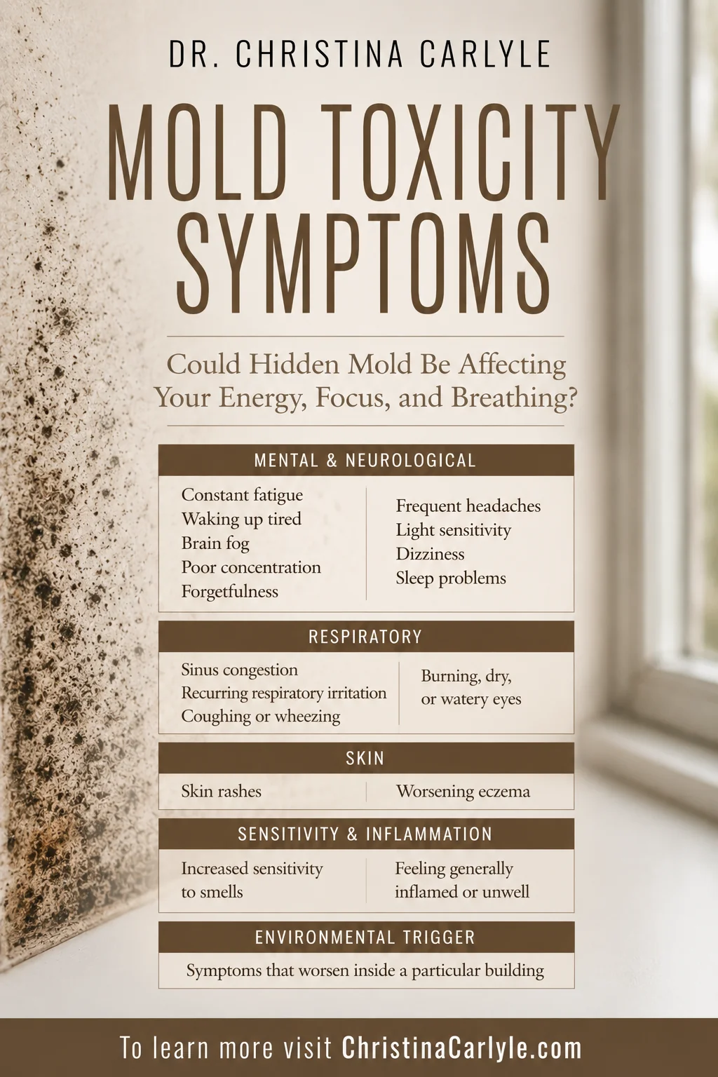 Warm brown and cream Pinterest infographic titled “Mold Toxicity Symptoms,” featuring a mold-covered wall and window with symptom categories for mental and neurological issues, respiratory irritation, skin problems, sensitivity and inflammation, and symptoms that worsen inside a particular building.