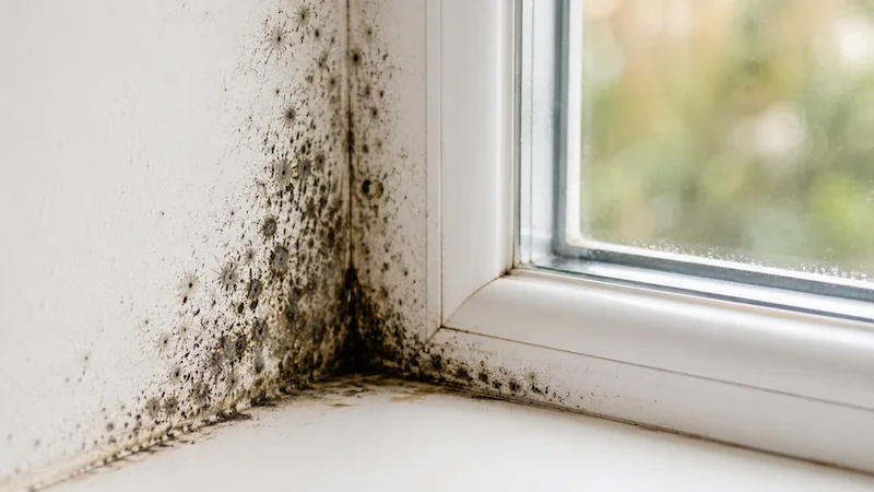 Close-up of black mold growing along a white window frame and wall corner, with soft natural light and blurred greenery outside.