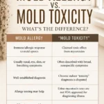 Warm brown and cream Pinterest infographic titled “Mold Allergy vs. Mold Toxicity,” featuring a side-by-side comparison of immune response, symptoms, diagnosis, testing, and treatment considerations, with a mold-covered wall and window in the background.