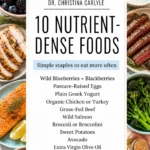 Pinterest pin for Dr. Christina Carlyle featuring a nutrient-dense foods flatlay background with a centered white overlay listing 10 nutrient-dense foods, including berries, eggs, Greek yogurt, chicken, beef, salmon, broccoli, sweet potatoes, avocado, and extra virgin olive oil.